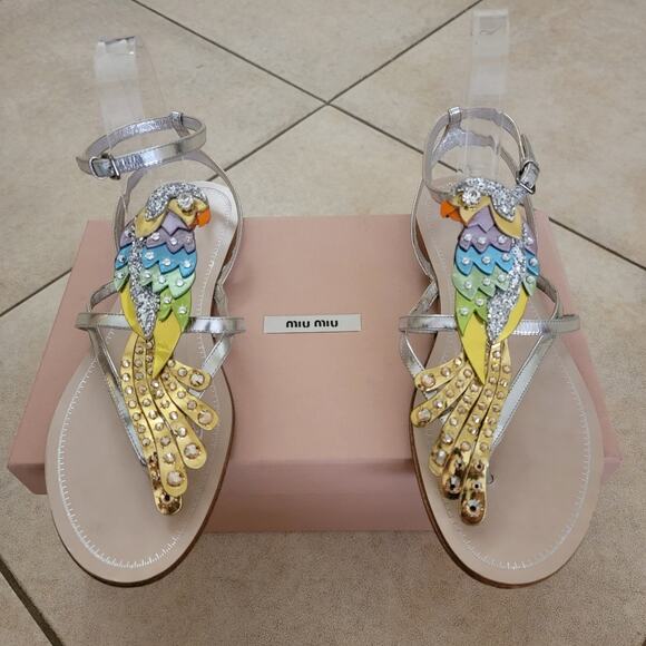 Miu Miu Crystal Parrot Metallic Sandals Silver Gold Embellished Flats 39.5 9.5 - Picture 12 of 12